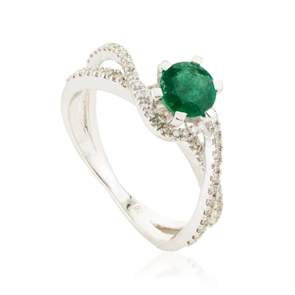Zambian Emerald & Diamond Curve Band Engagement Ring Stackable 18K White Gold Jewelry