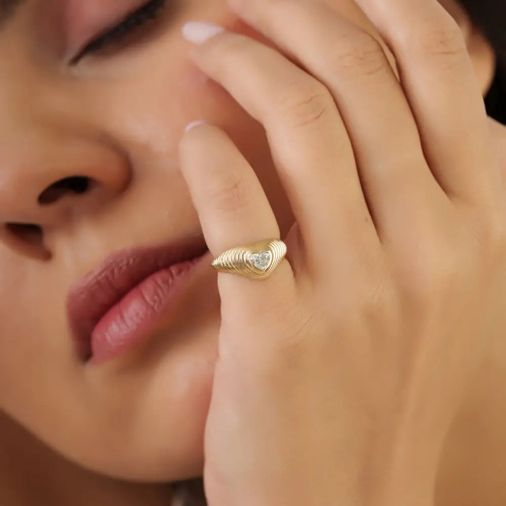 Best Selling Products Heart Shape Diamond Croissant Pinky Ring Real 14K Yellow Gold Jewelry