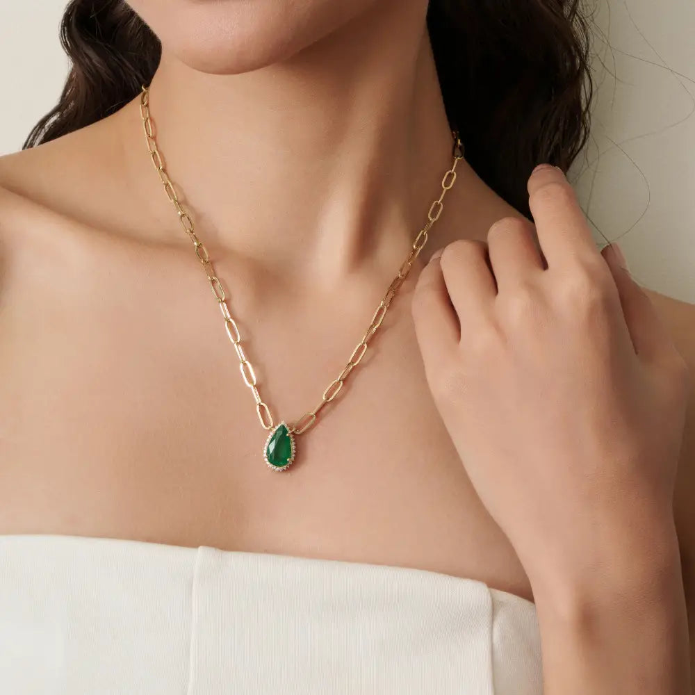 May Birthstone Emerald & Diamond Solitaire Cluster Pendant Necklace Fine K14 Real Yellow Gold