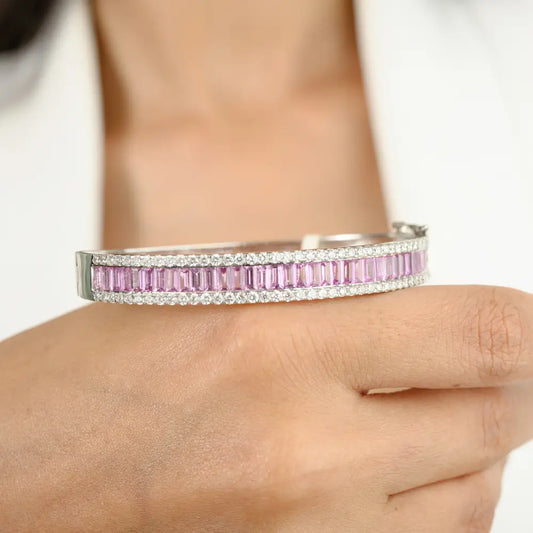 Luxury Pink Sapphire & Diamond 18K White Gold Statement Bracelet & Bangle Women Wedding Jewelry