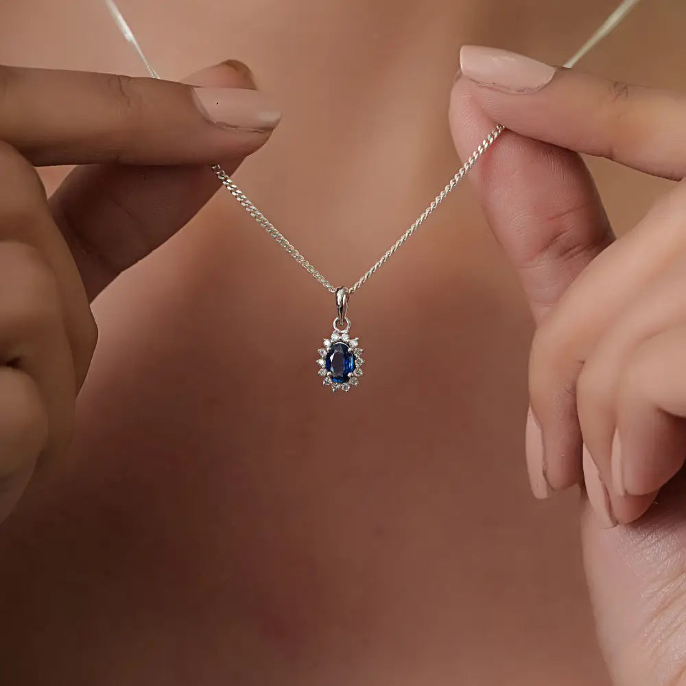 Precious Gemstone Blue Sapphire & Diamond 14K Solid White Gold Cluster Pendant Bulk Jewelry