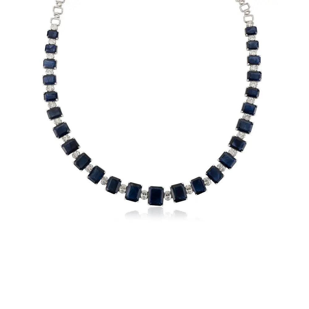 Octagon Shape Blue Sapphire & Oval Cut Diamond Statement Tennis Necklace 18K Solid Gold