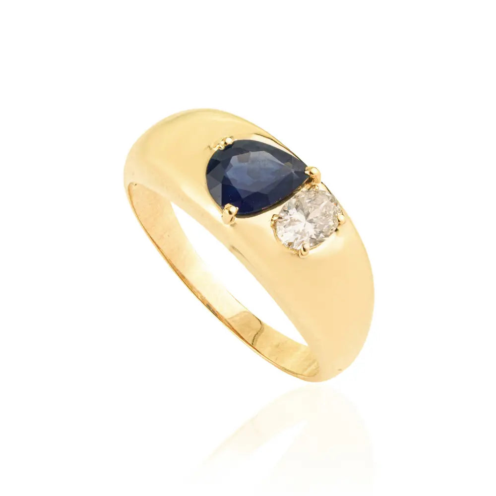 14K Yellow Gold Blue Sapphire & Diamond Toi et Moi Dome Ring Statement Jewelry Unisex