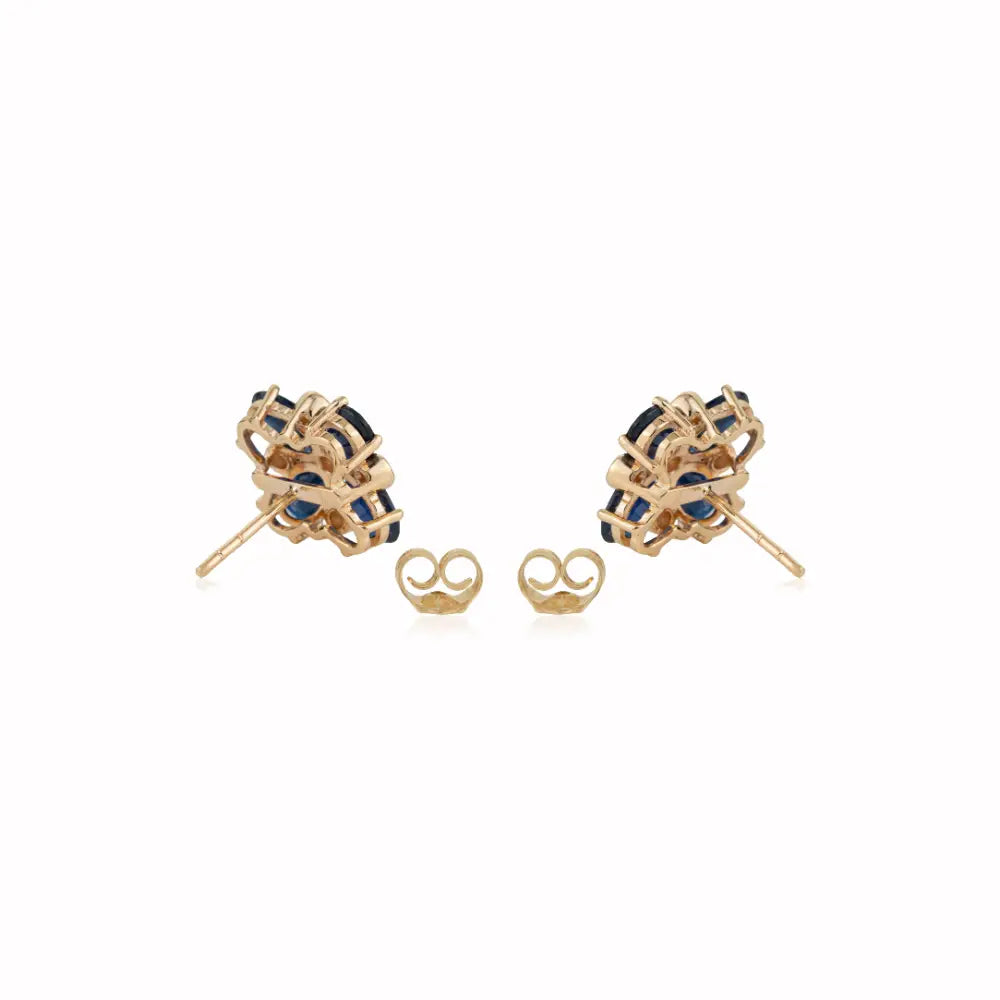 Blue Sapphire & Diamond Fine 14K Real Yellow Gold Floral Shape Stud Earrings For Women