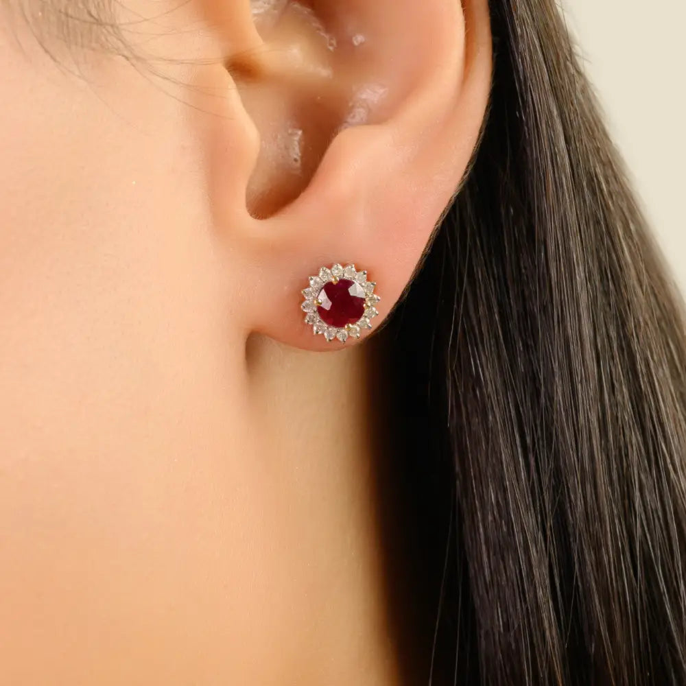New Trending Products Round Cut Ruby & Diamond 14K Yellow Gold Cluster Stud Earrings