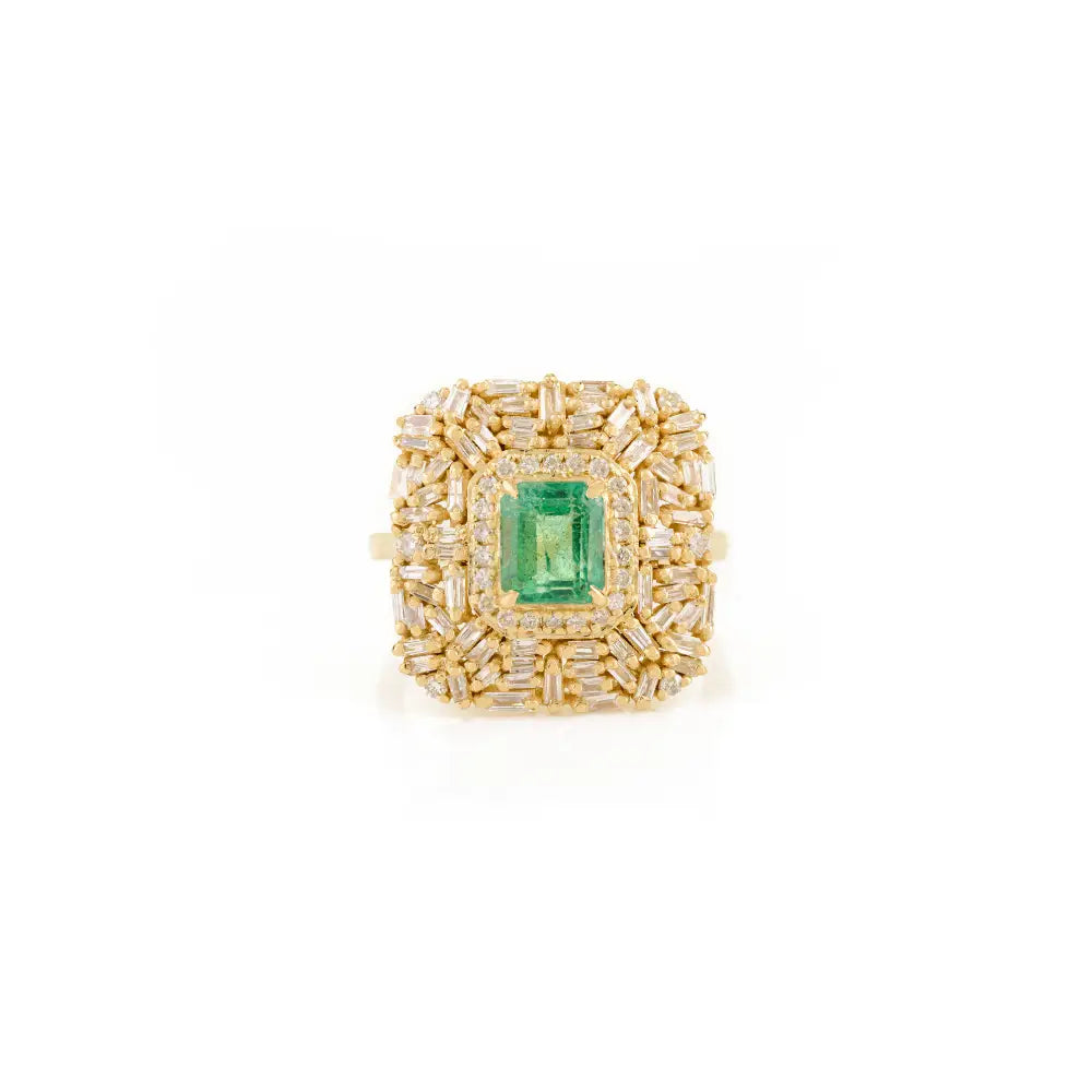 6x5mm Octagon Cut Emerald & Diamond Bold Wedding Ring Pure 14K Yellow Gold Fine Jewelry