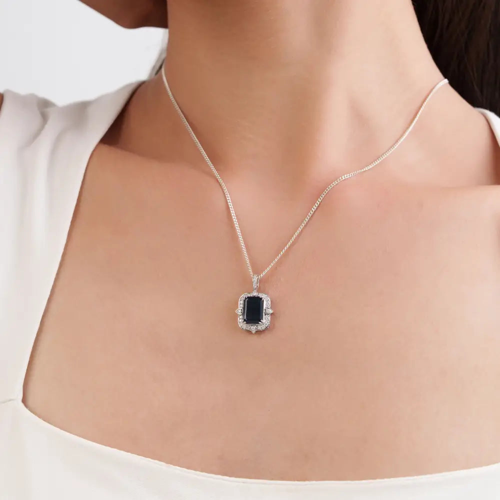 Wholesale Jewelry Design Blue Sapphire & Diamond Fine Halo Pendant 14K White Gold