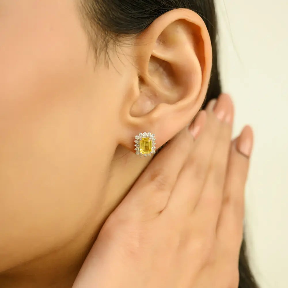 Yellow Sapphire & Diamond Push Back Cluster Stud Earrings 14K Real White Gold Women Jewelry