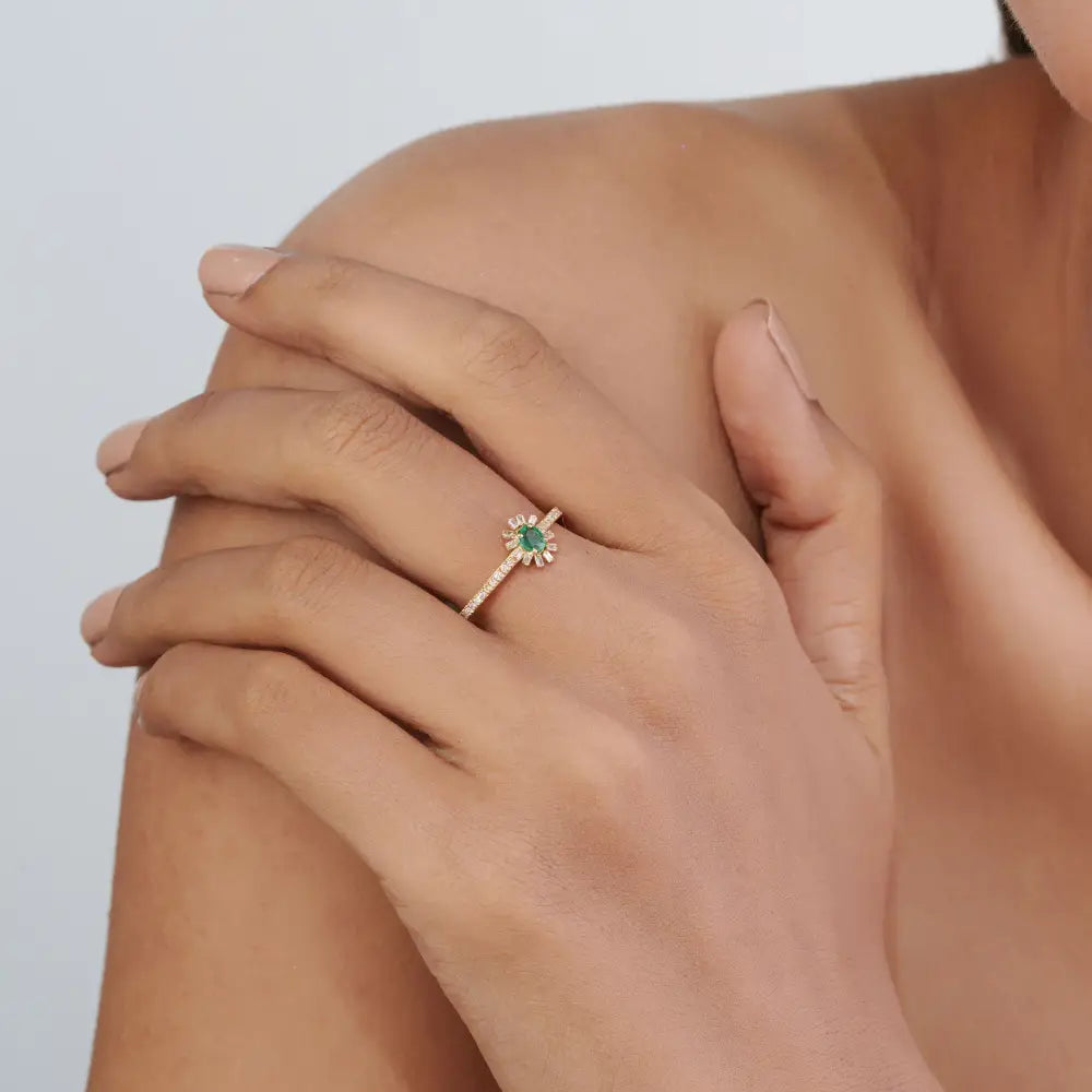 Newly Design Emerald & Diamond K14 Solid Yellow Gold Stacking Ring Minimal Jewelry