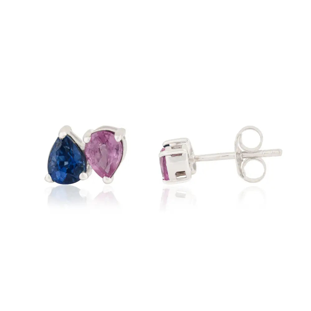 18K White Gold Prong Set Pink & Blue Sapphire Minimal Toi et Moi Stud Earrings Birthstone Jewelry