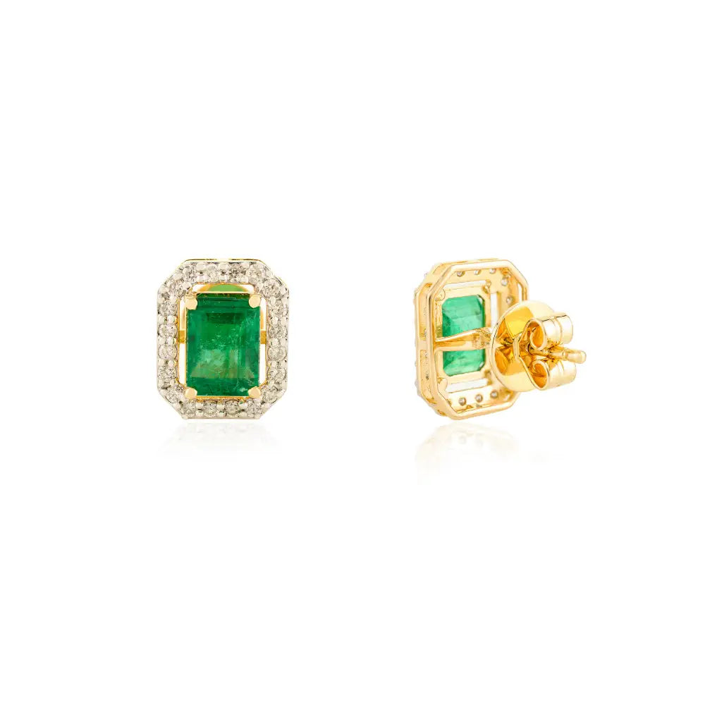 7x5mm Octagon Cut Emerald & Diamond 18K Yellow Gold Halo Stud Earrings For Women's