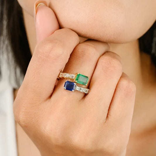 Emerald Blue Sapphire & Diamond 14K Two Tone Bypass Ring Custom Gold Jewelry Manufacturer