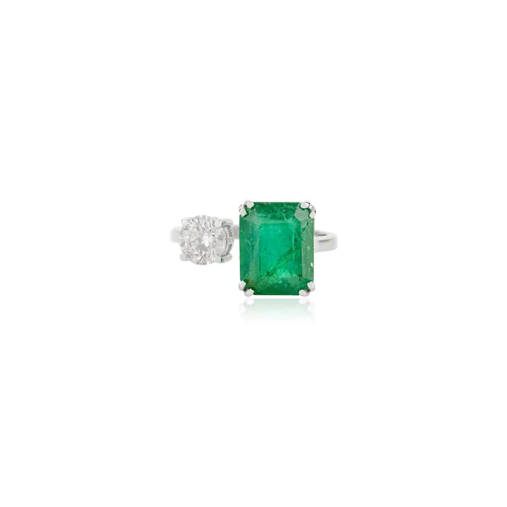 Precious Gemstone Double Prong Set Emerald & Diamond 14K White Gold Open Ring Unisex