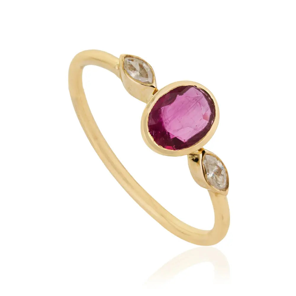 18K Solid Yellow Gold Bezel Set Ruby & Diamond Stack Three Stone Ring July Birthstone Jewelry