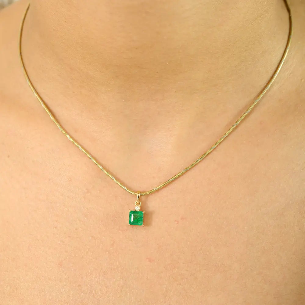 Square Cut Emerald & Round Diamond Minimal Pendant Fine Solid K14 Yellow Gold Jewelry