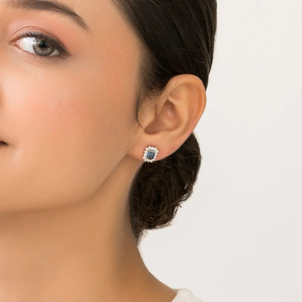 14K Real Yellow Gold Blue Sapphire & Diamond K14 Yellow Gold Cluster Stud Earrings For Women