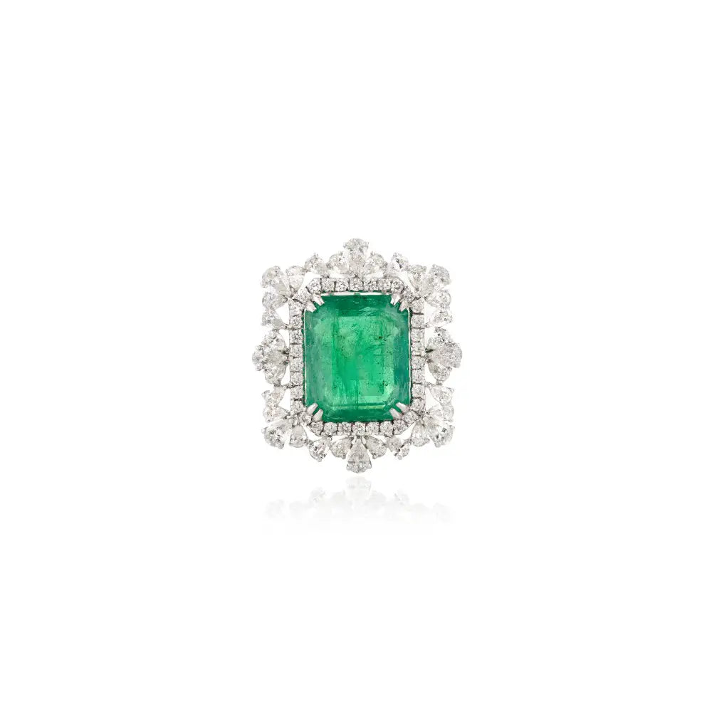 Natural Emerald & Diamond 18K White Gold Statement Cocktail Ring Wedding Jewelry