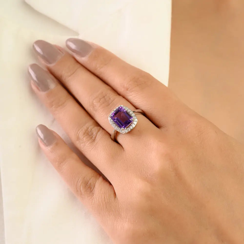 925 Sterling Silver Amethyst Halo Ring for Women Fine Jewelry