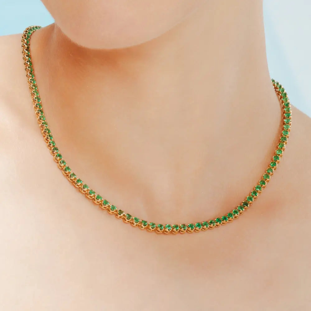 Bulk Jewelry Natural Precious Gemstone Emerald 18K Solid Yellow Gold Tennis Necklace