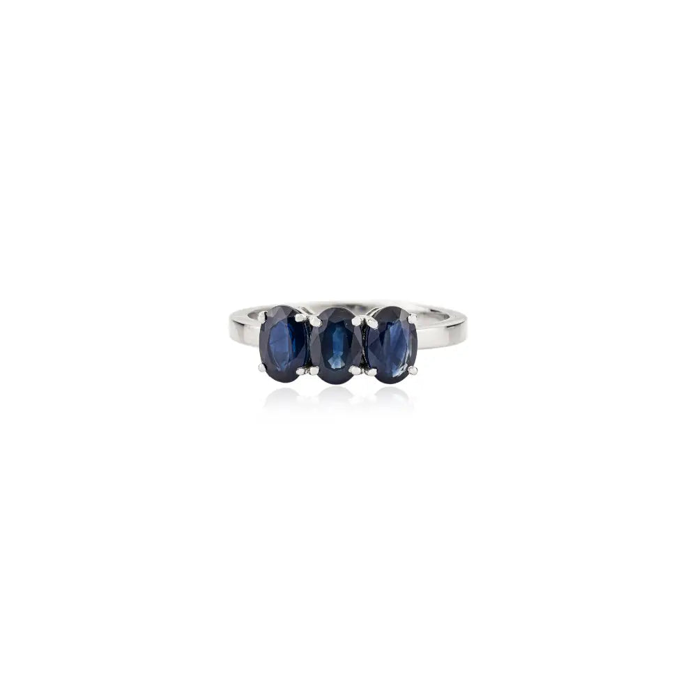 Elegant Design Oval Shape Blue Sapphire Three Stone Ring For Unisex 14K Real White Gold