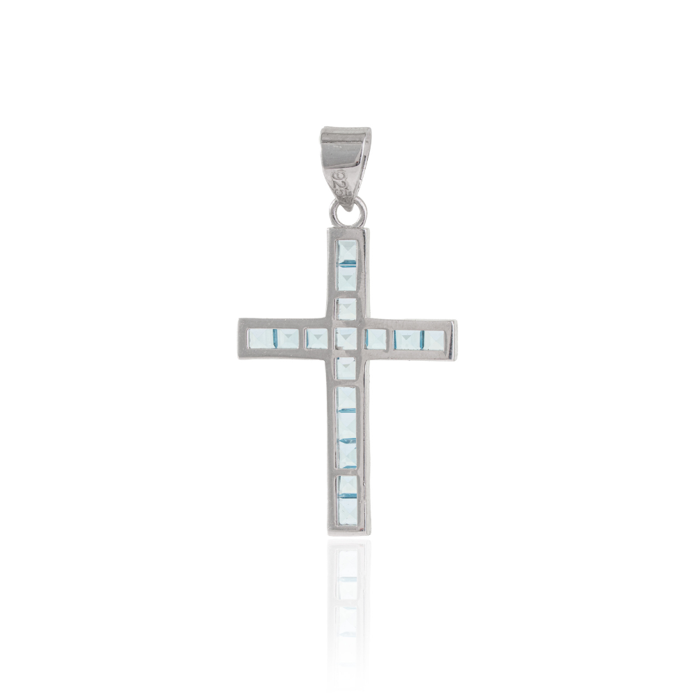 Princess Cut Natural Blue Topaz Gemstone 925 Sterling Silver Unisex Cross Pendant Fine Jewelry