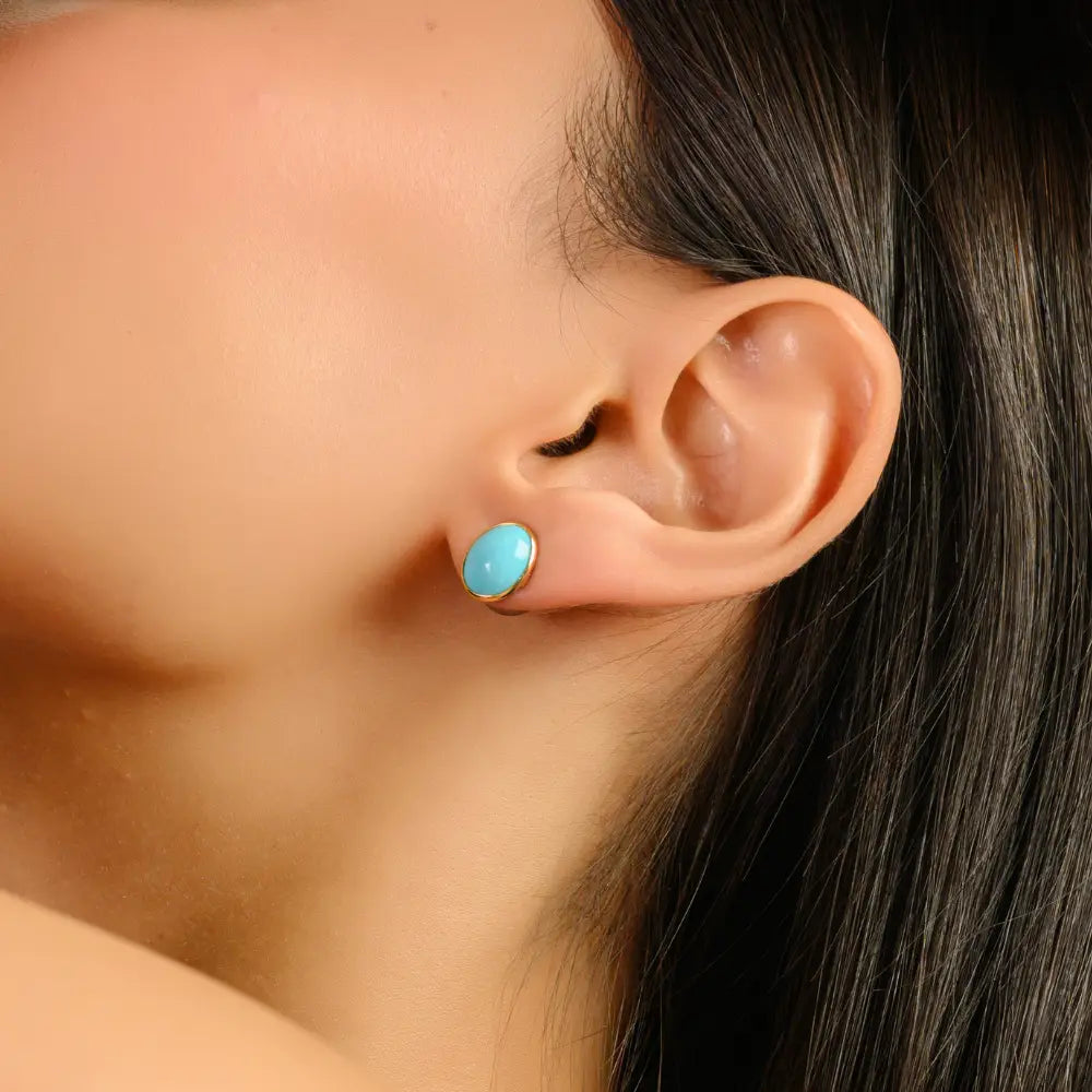 Cabochon Gemstone Turquoise Stud Earrings K18 Real Yellow Gold Custom Jewelry Supplier