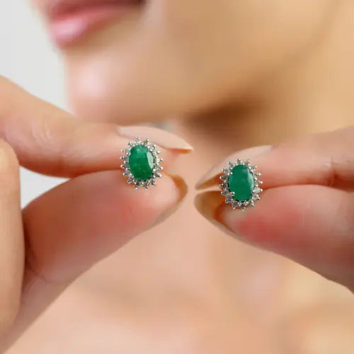 Oval Cut Emerald & Round Diamond Cluster 925 Sterling Silver Stud Earrings For Women's