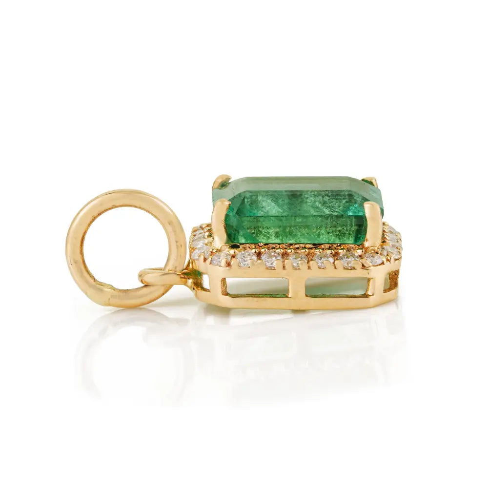 Trending Design 14K Yellow Gold Emerald & Diamond Halo Pendant May Birthstone Jewelry