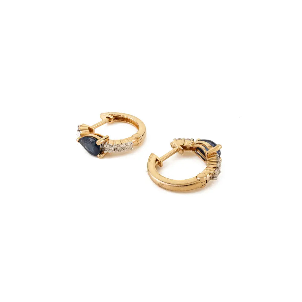4X6 mm Pear Shape Blue Sapphire & Diamond K14 Yellow Gold Minimal Hoop Earrings