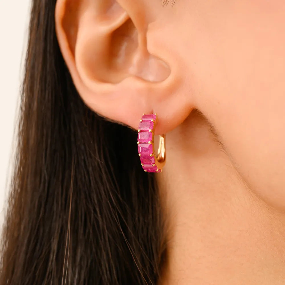 Octagon Cut Genuine Ruby Handmade Small Hoop Earrings Solid K14 Yellow Gold Jewelry