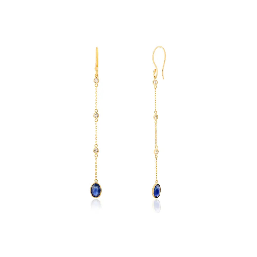 Bezel Set Blue Sapphire & Diamond Long Dangling Earrings 18K Solid Gold Women & Girls Jewelry