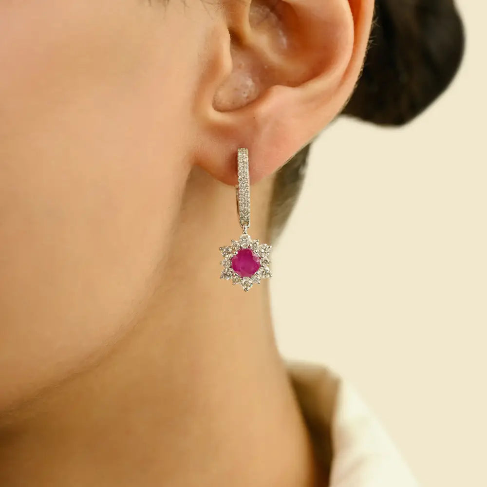 5.5 MM Round Cut Ruby & Diamond Solid 14K White Gold Charm Hoop Drop Earrings Women
