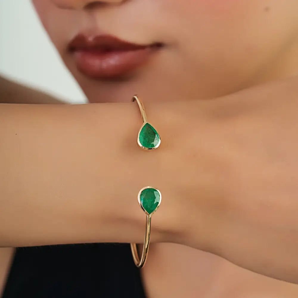 Real 14K Yellow Gold Emerald Gemstone Flexible Cuff Bangle For Unisex Stackable Jewelry