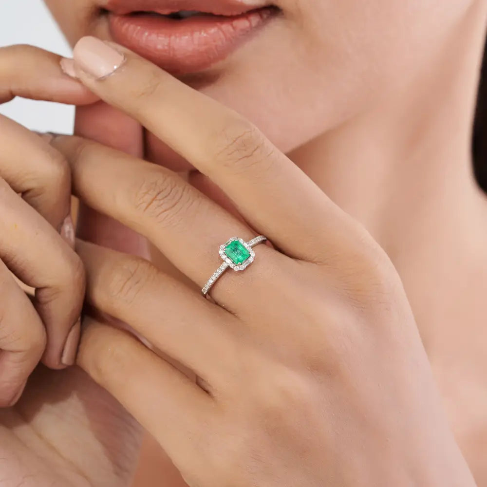 5x4mm Octagon Cut Emerald & Diamond Fine Engagement Stacking Ring 14K White Gold Jewelry