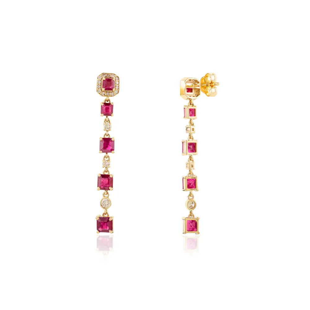 Square Cut Ruby & Diamond Fine Long Dangle Earrings Engagement Gift 14K Real Yellow Gold