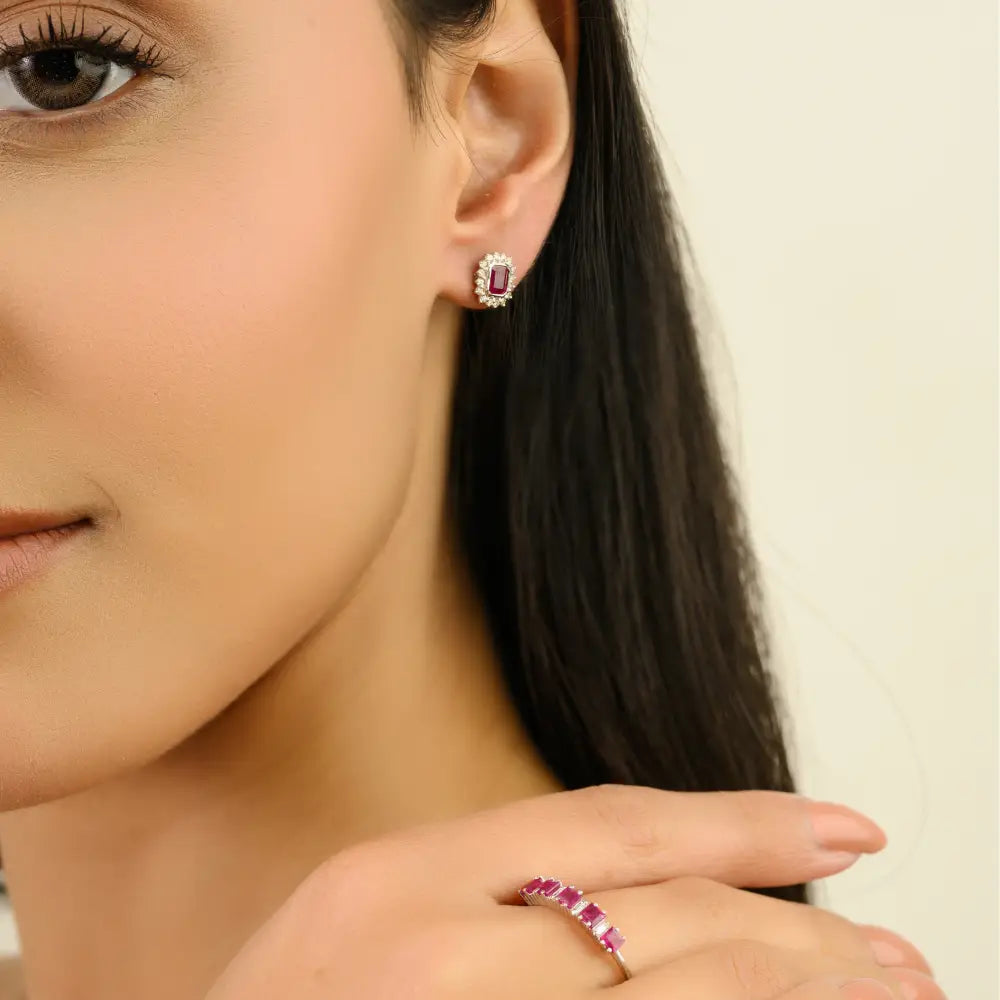 Octagon Shape Ruby & Round Cut Diamond Cluster Halo Stud Earrings 14K Gold Women Jewelry