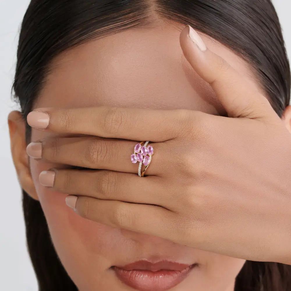 Fine Pink Sapphire & Diamond 14K Yellow Gold Wedding Ring Birthstone Jewelry Supplier