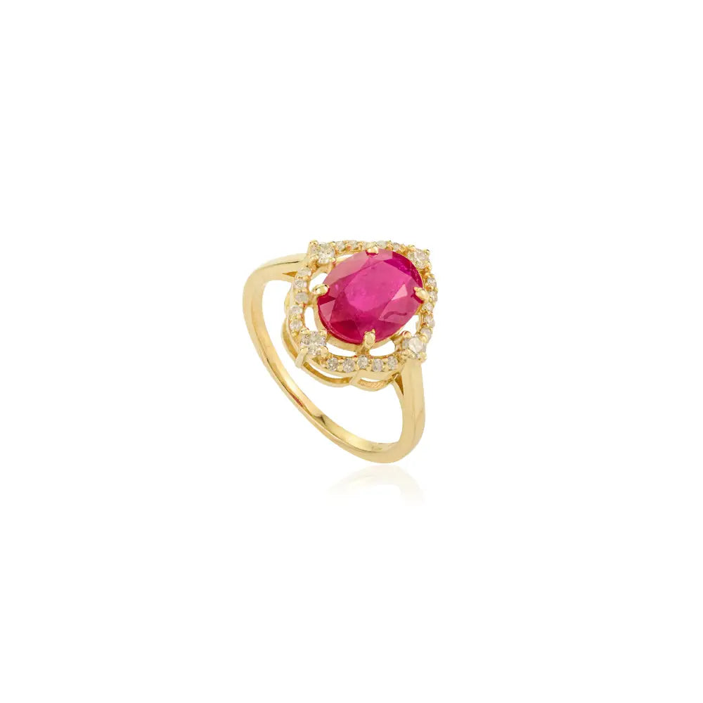 Unique Design 14K Real Yellow Gold Ruby & Diamond Engagement Ring Trending Fine Jewelry