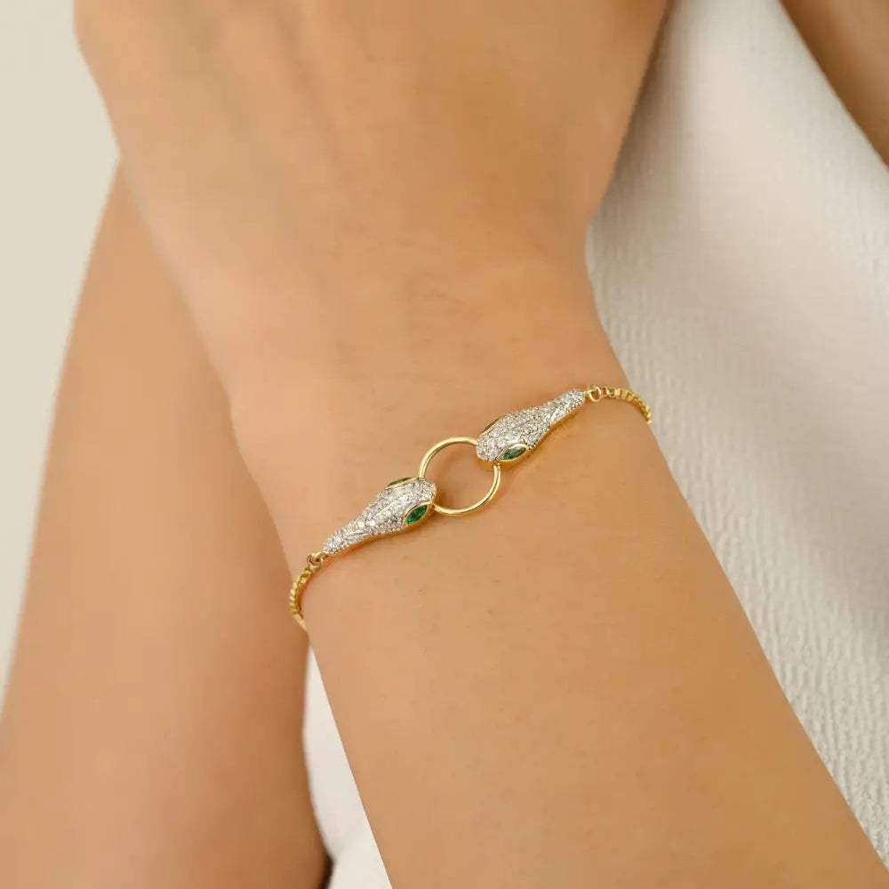 Real K18 Yellow Gold Emerald & Diamond Double-Headed Snake Bracelet Wedding Jewelry