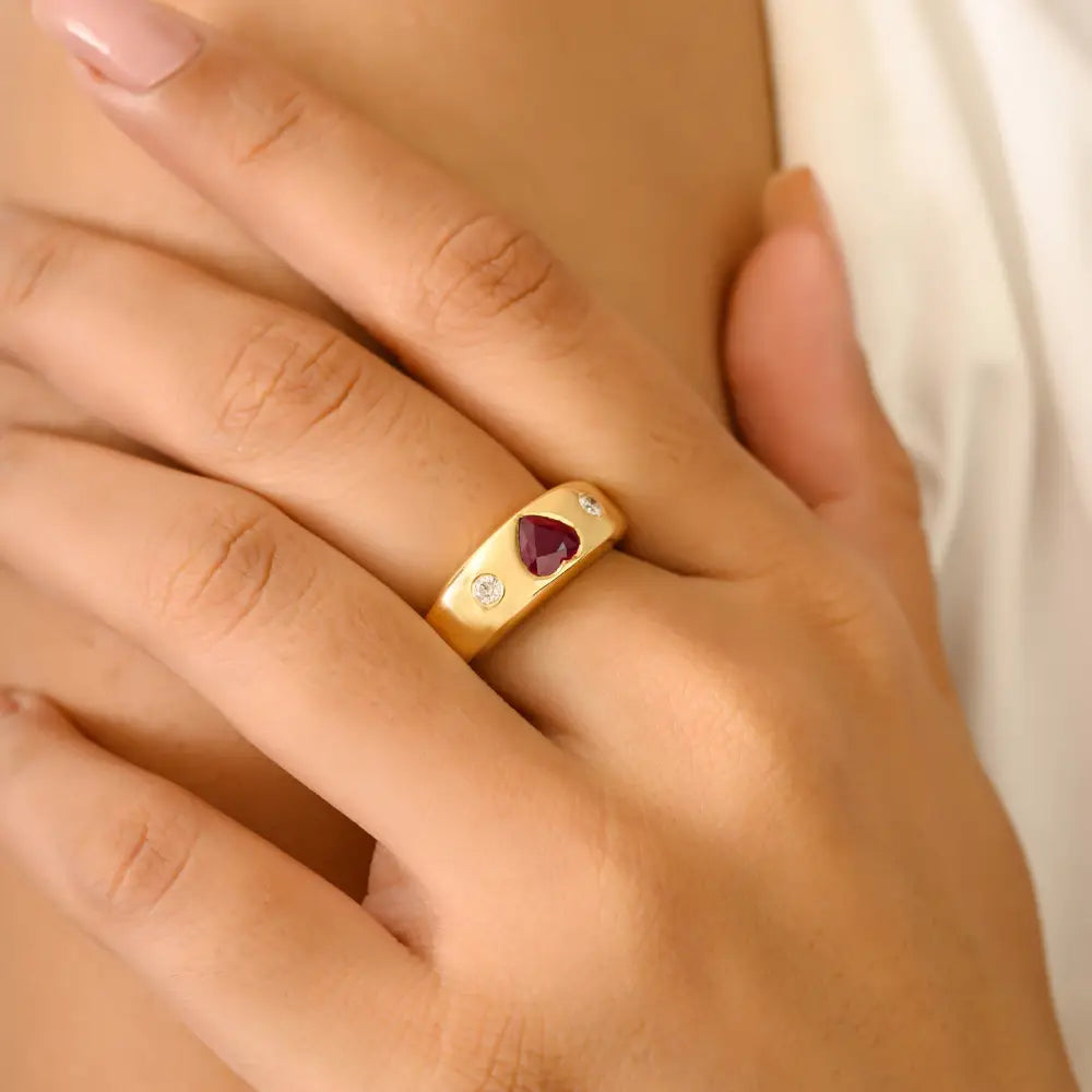 Heart Shape Ruby & Diamond Chunky Gypsy Ring Valentine's Day Gift 18K Yellow Gold