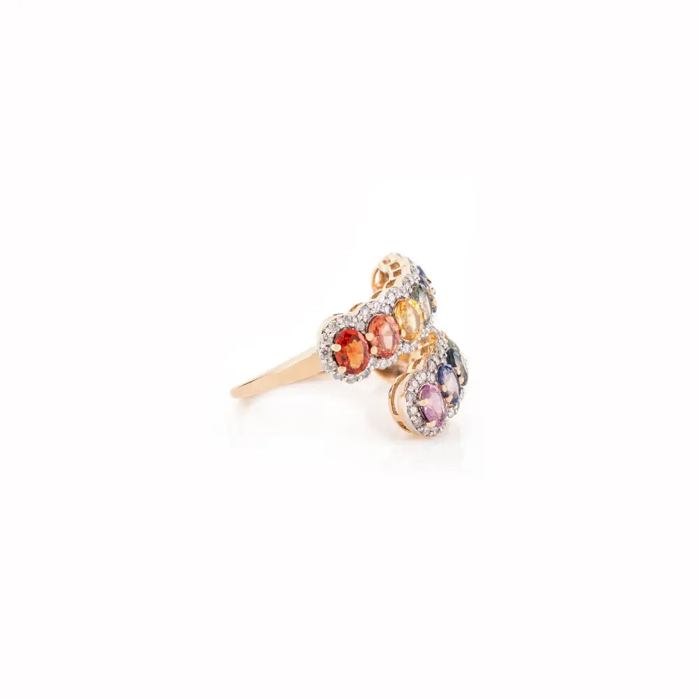 Rainbow Multi Sapphire & Diamond K14 Yellow Gold Statement Bypass Ring For Wedding