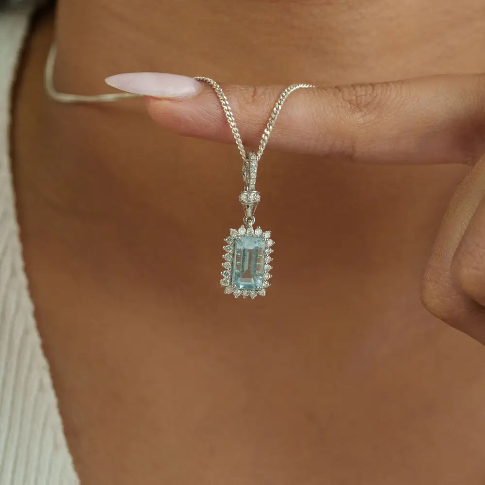 Fine Aquamarine & Diamond K14 White Gold Openable Lock Cluster Pendant March Birthstone