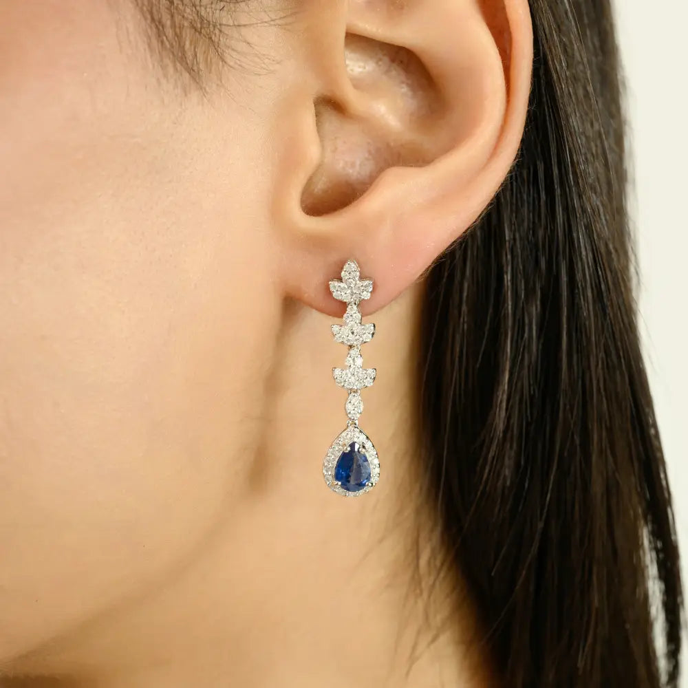 Birthstone Jewelry 14K Gold Blue Sapphire & Diamond Teardrop Dangle Earrings Wedding