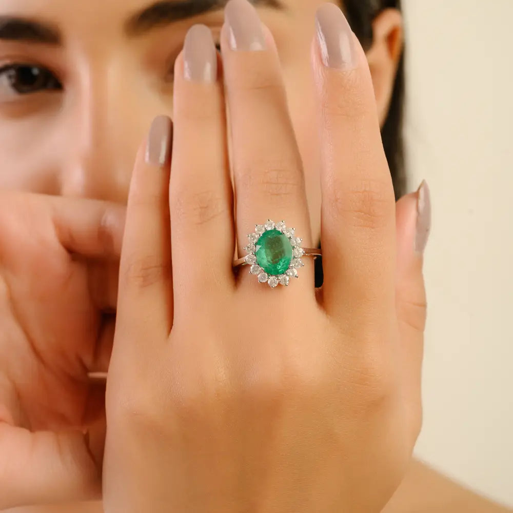 Prong Set Emerald & Diamond Cluster Ring 14K White Gold Engagement Jewelry May Birthstone