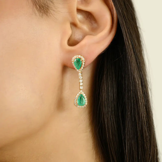 Halo Set Emerald & Diamond Pure 14K Yellow Gold Drop Earrings For Women Gemstone Jewelry