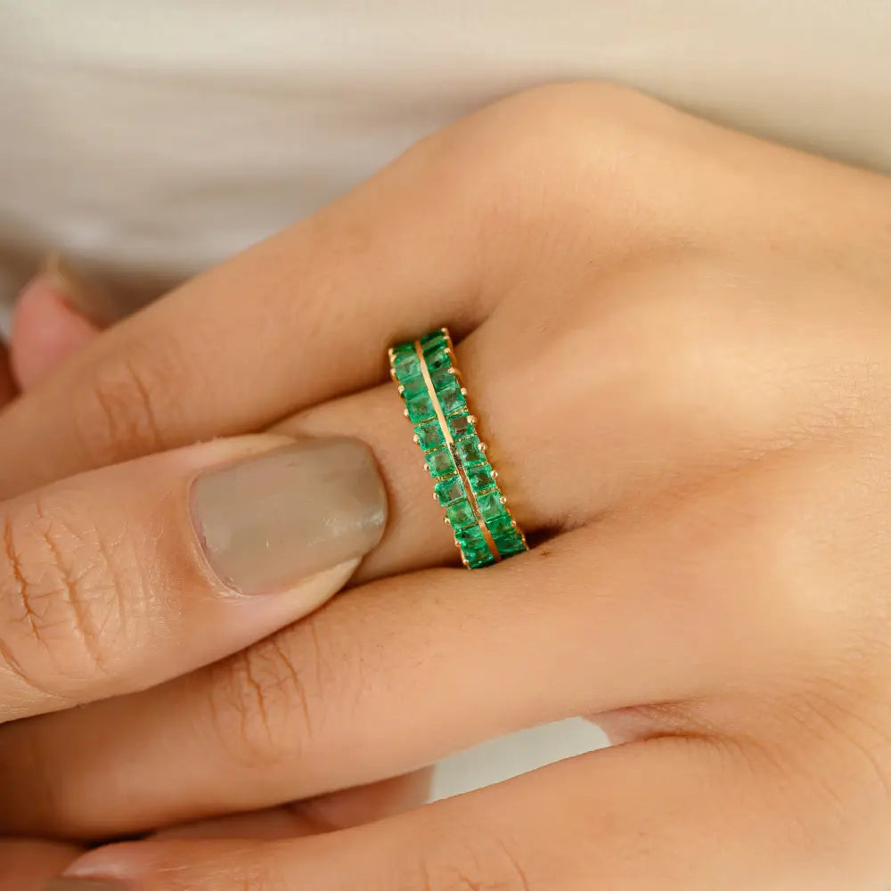 Solid K14 Yellow Gold Emerald Double Row Half Eternity Band Ring May Birthstone Jewelry