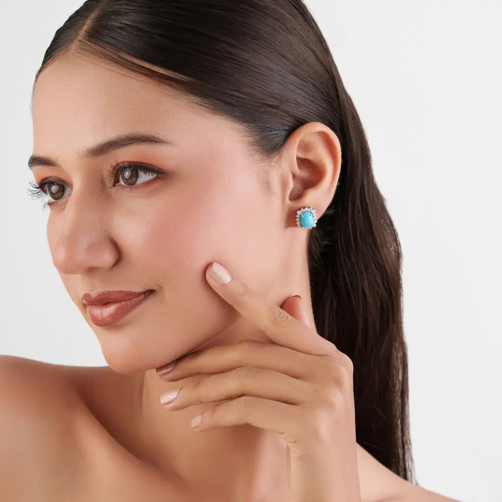 14K White Gold 9x7mm Octagon Cut Turquoise & Diamond Cluster Stud Earrings Bulk Jewelry