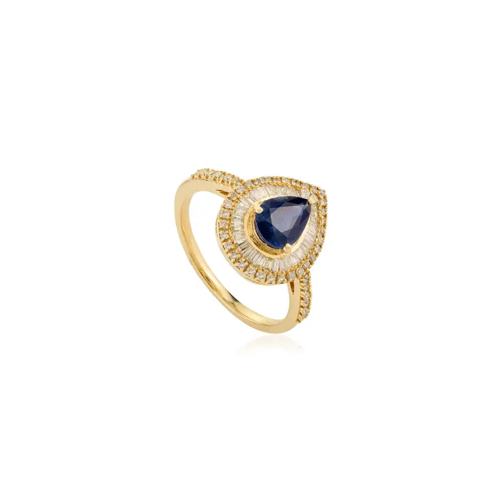 Pear Cut Blue Sapphire & Diamond Pure 14K Yellow Gold Double Halo Engagement Ring Women