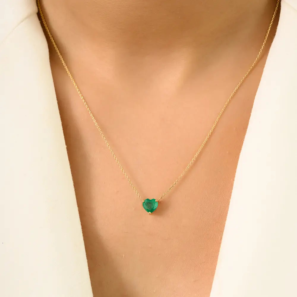 Heart Shape Emerald Minimalist Single Stone Pendant Necklace K14 Yellow Gold Fine Jewelry