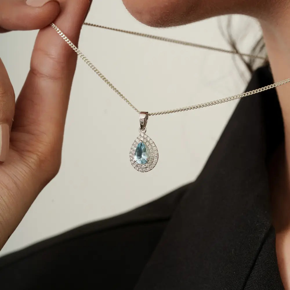 Trending Aquamarine & Diamond Pear Shape Double Cluster Pendant 14K Real White Gold